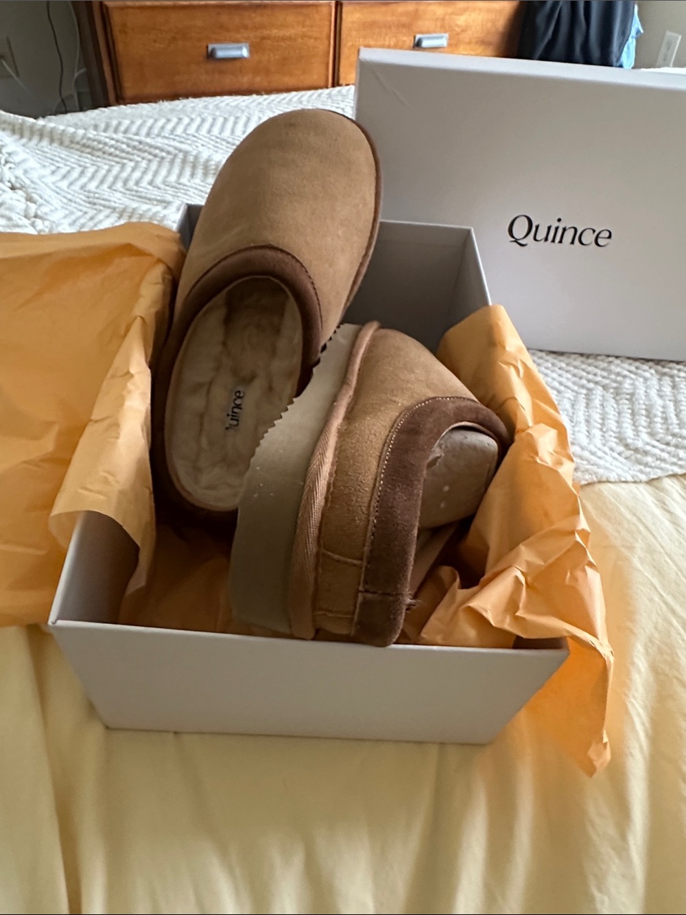 Quince Tan Suede Shearling-Lined Slip-On Clogs